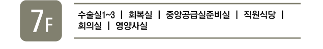 7층에는 입원실 701호와 702호가 있고 직원식당, 회의실, 주식회사 새우리척추건강, 영양사실, 욕실, 샴푸실이 있습니다.