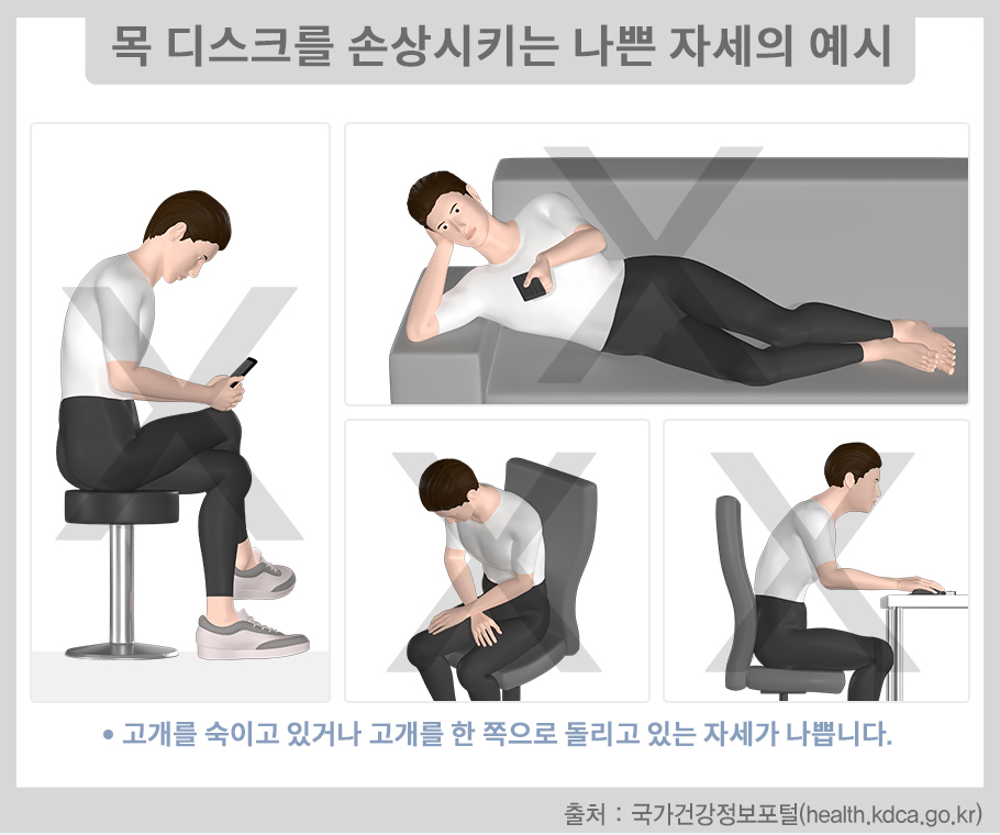 목 디스크를 손상시키는 나쁜 자세의 예시